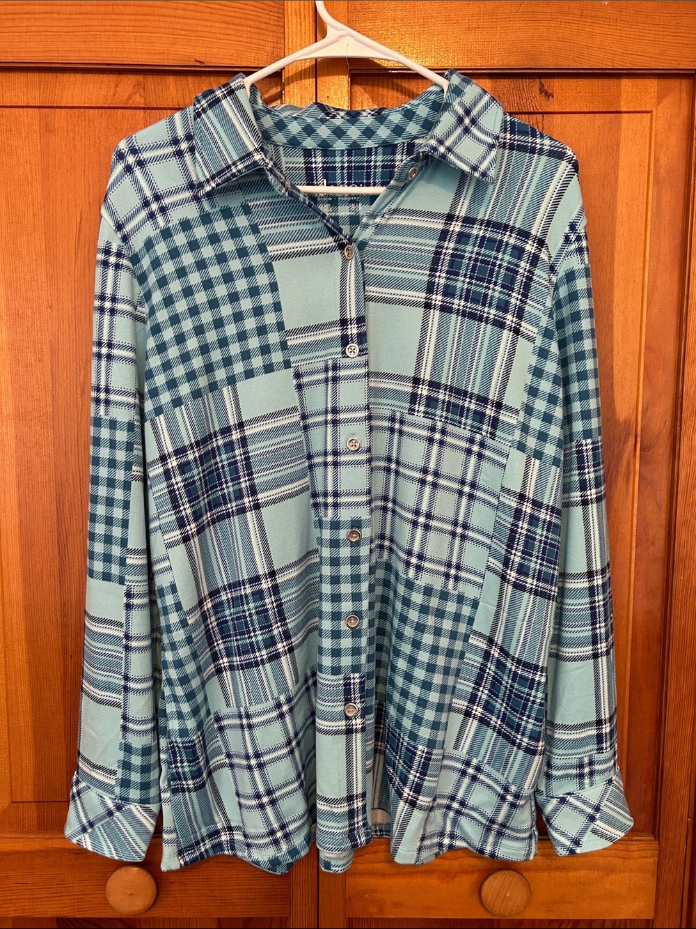 Denim & Co Petite Plaid Patchwork Heavenly Jersey Button‑Down – MP New
